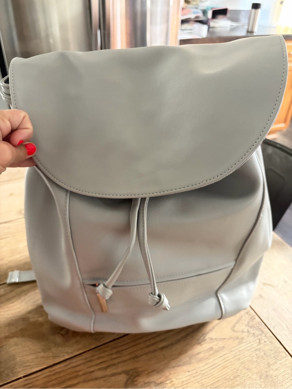 Rodan + Fields Light Gray Faux Leather Drawstring Backpack